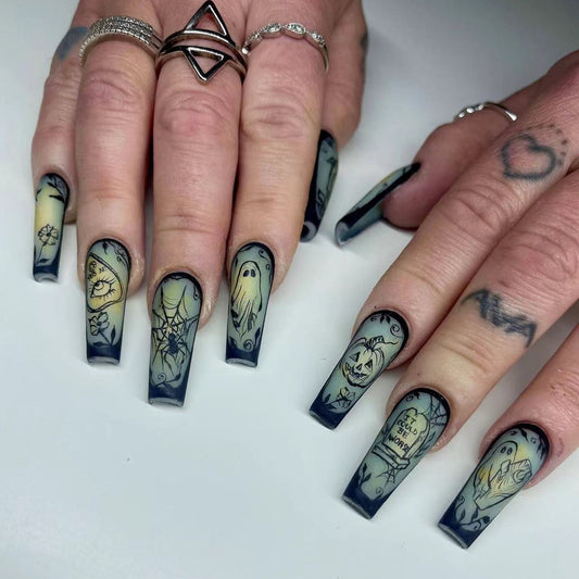 Mystical Elegance Long Coffin Black Press On Nails with Ethereal Ghostly Artwork