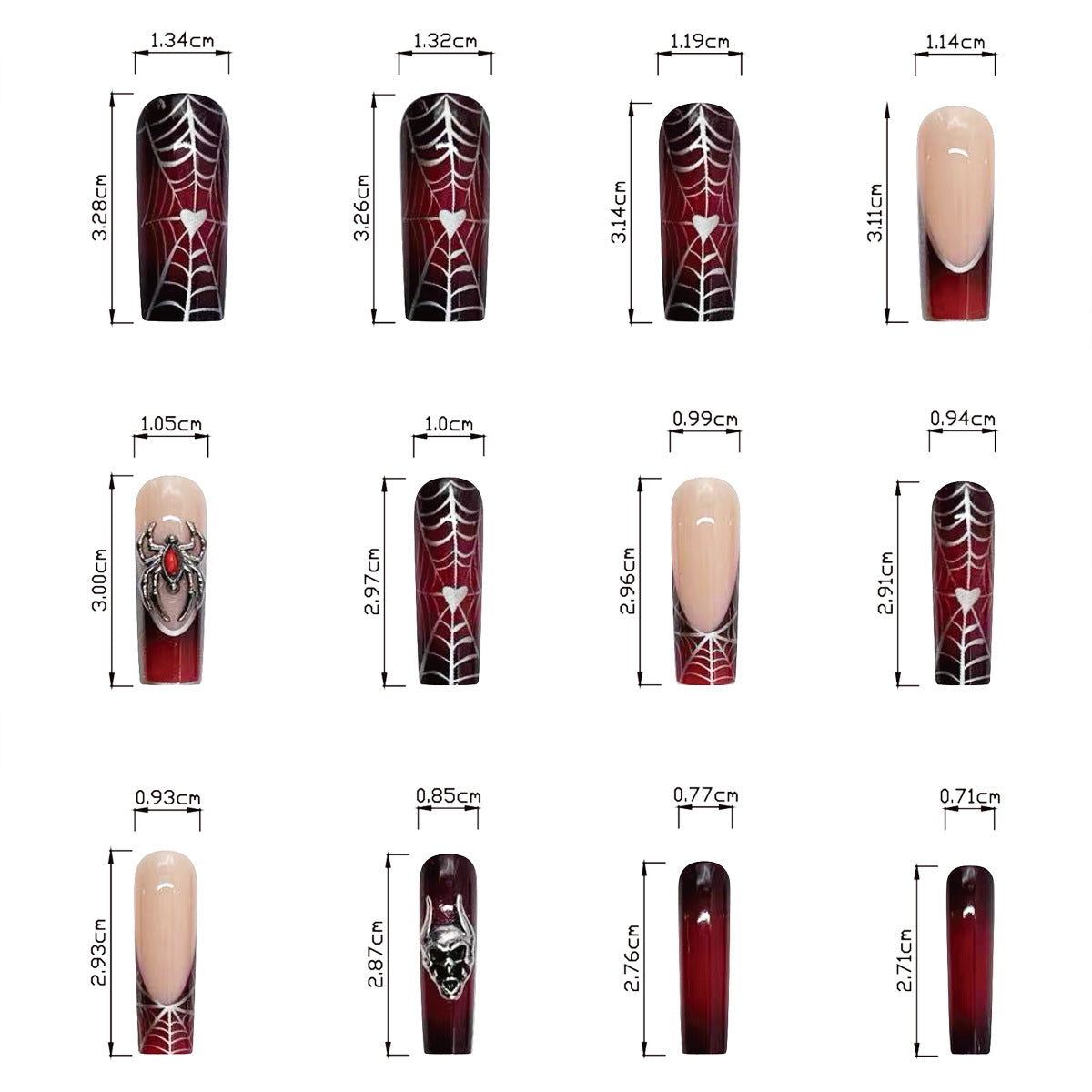 Gothic Glamour Long Coffin Burgundy Press On Nail Set with Spiderweb Design and Accent Skull Charms