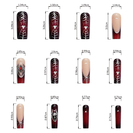 Gothic Glamour Long Coffin Burgundy Press On Nail Set with Spiderweb Design and Accent Skull Charms