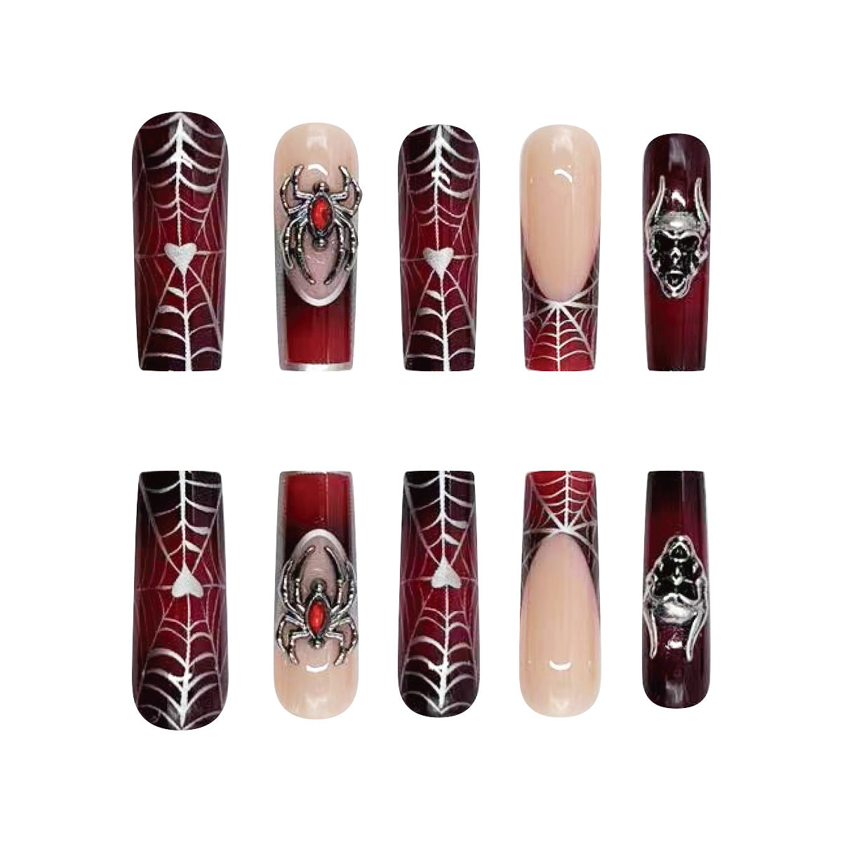 Gothic Glamour Long Coffin Burgundy and Beige Spiderweb Design Press On Nail Set with 3D Skull and Spider Accents