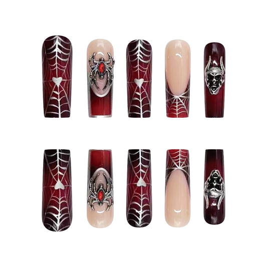 Gothic Glamour Long Coffin Burgundy and Beige Spiderweb Design Press On Nail Set with 3D Skull and Spider Accents