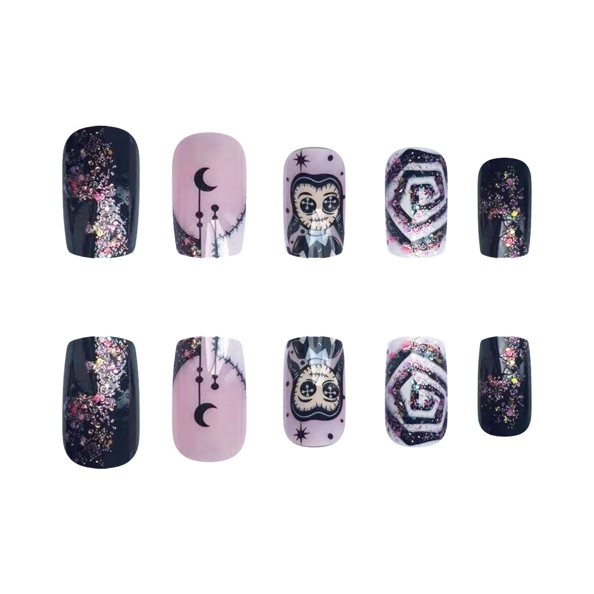 Gothic Elegance Long Square Black and Pink Press On Nail Set with Glitter Accents and Unique Character Designs
