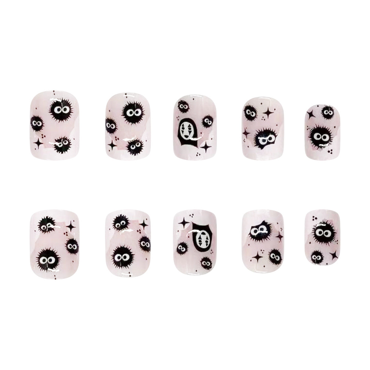 A set of twelve press-on nails with bold eyeball accents, featuring a variety of spooky and elegant designs, predominantly in shades of pink and black.