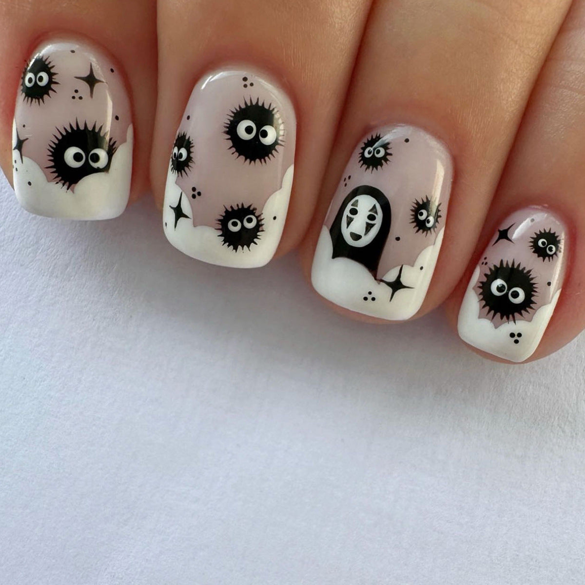 Spooky Elegance Short Length Square Shaped Pink Press On Nails With Quirky Eye Patterns