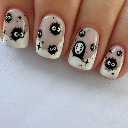 Spooky Elegance Short Length Square Shaped Pink Press On Nails With Quirky Eye Patterns