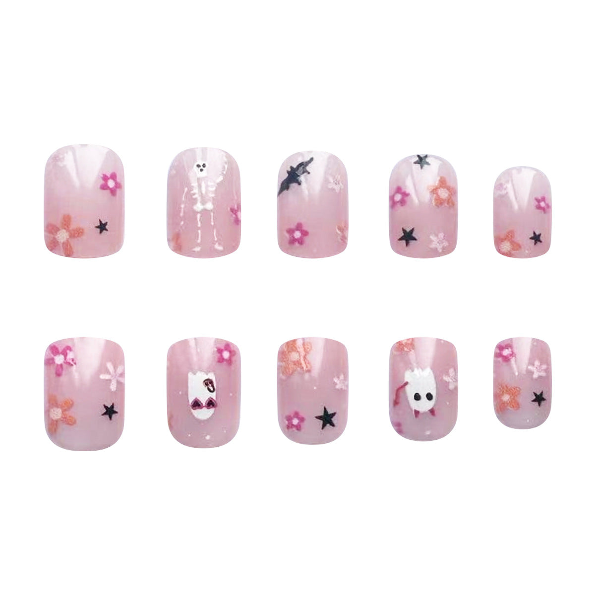 Enchanted Garden Short Length Oval Pink Press On Nail Set with Floral and Animal Accents