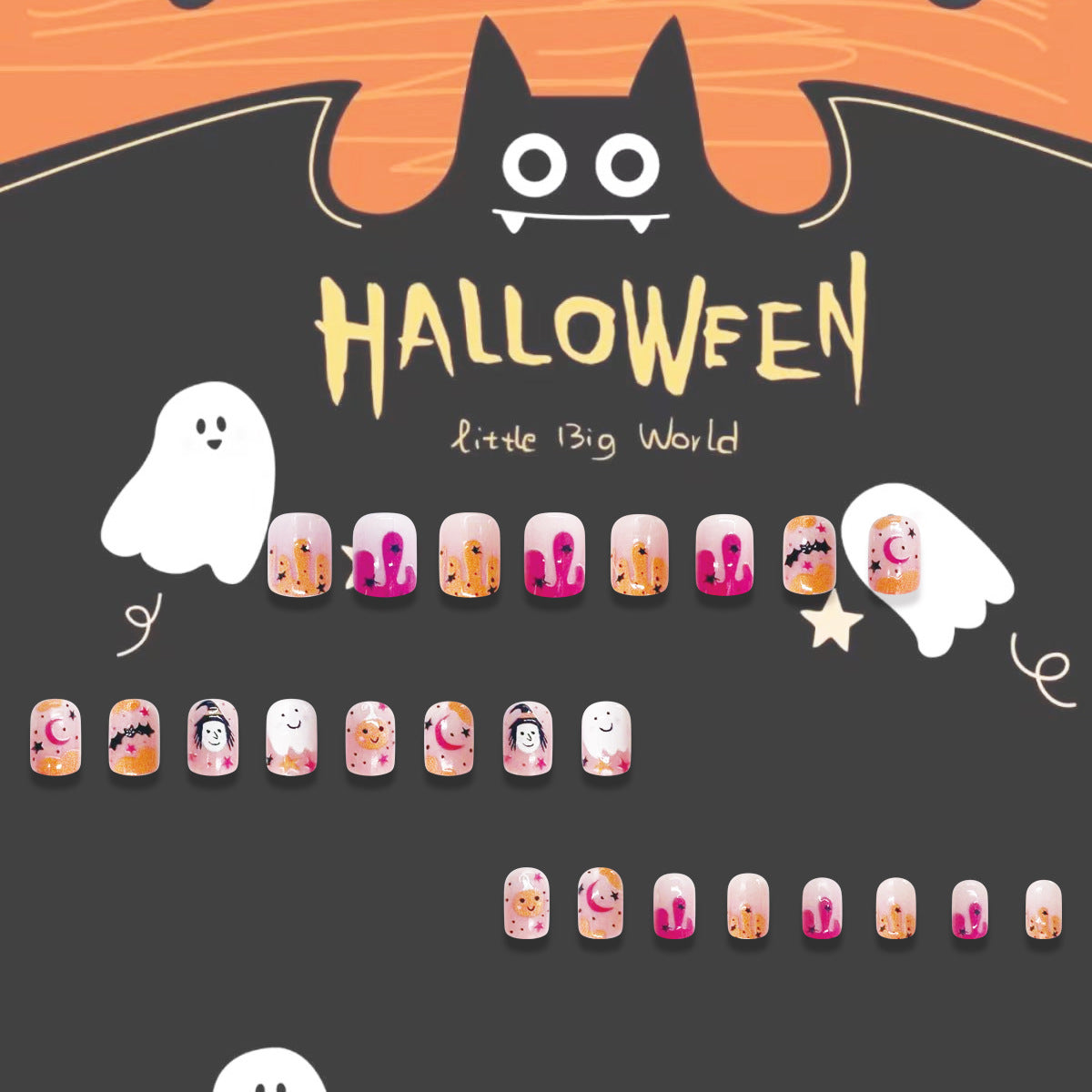 Spooky Elegance Medium Length Square Pink Press On Nail Set with Halloween Themed Artwork