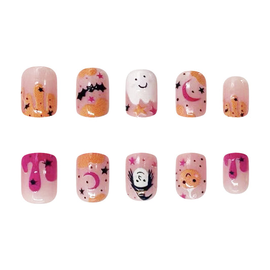 Enchanted Fantasy Medium Length Square Pink Press-On Nail Set with Whimsical Characters and Glitter Accents
