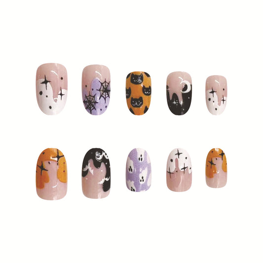 Spooky Elegance Medium Length Oval Press On Nail Set in Pastel and Black with Halloween Ghosts and Bats Design