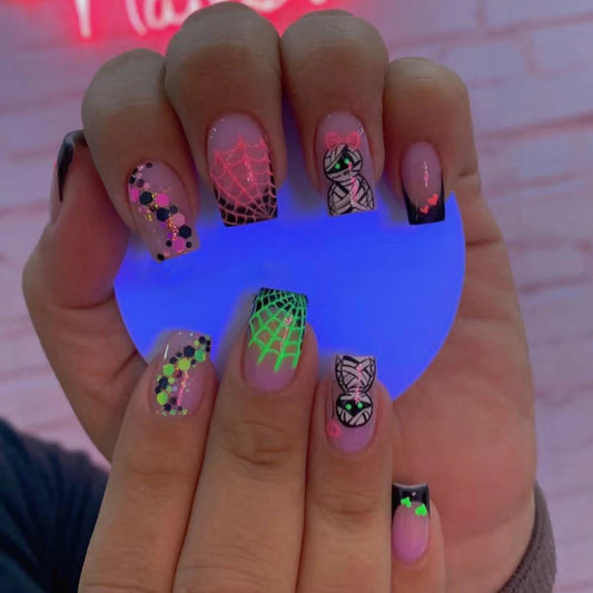 Enchanted Halloween Collection Long Square Glow-in-the-Dark Spider Web Design Press On Nail Set in Black, Pink, and Neon Green