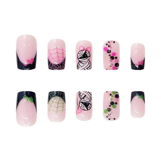 Enchanted Garden Long Square Pink Press On Nail Set with Floral and Glitter Accents