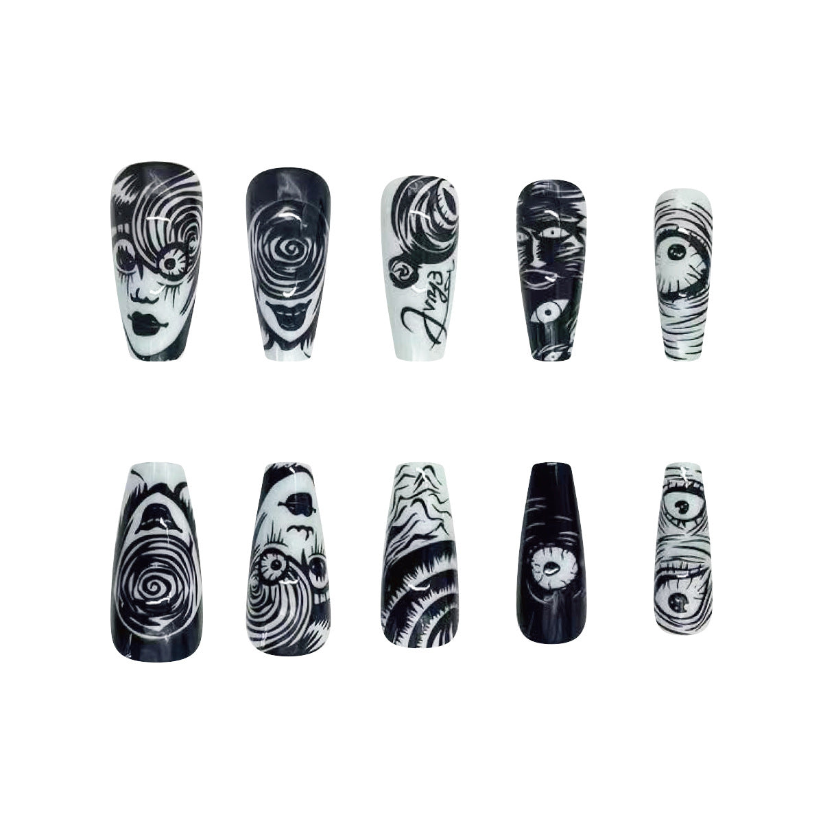 Whimsical Monochrome Magic Extra Long Coffin Shaped Black And White Press On Nail Set With Artistic Eye Catching Patterns