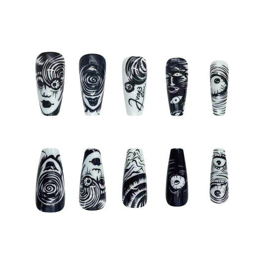 Whimsical Monochrome Magic Extra Long Coffin Shaped Black And White Press On Nail Set With Artistic Eye Catching Patterns