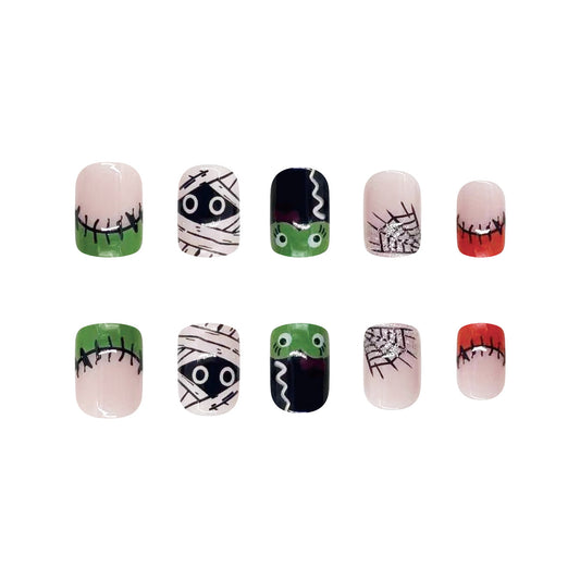 Spooky Chic Medium Length Square Press On Nail Set in Black White and Red with Cartoon Monster Designs