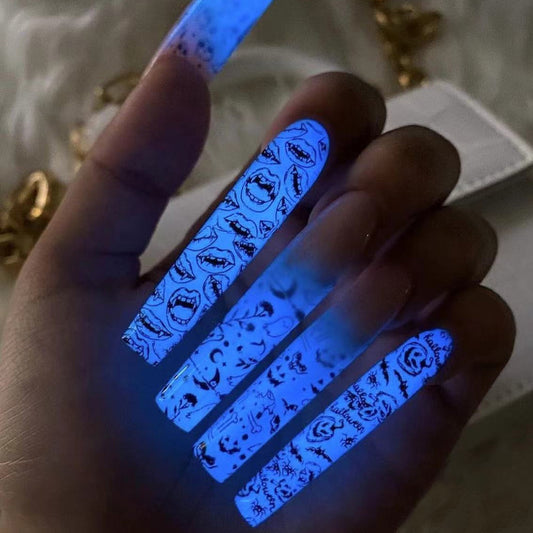 Glow in the Dark Vampire Long Coffin Blue and Black Halloween Press On Nails