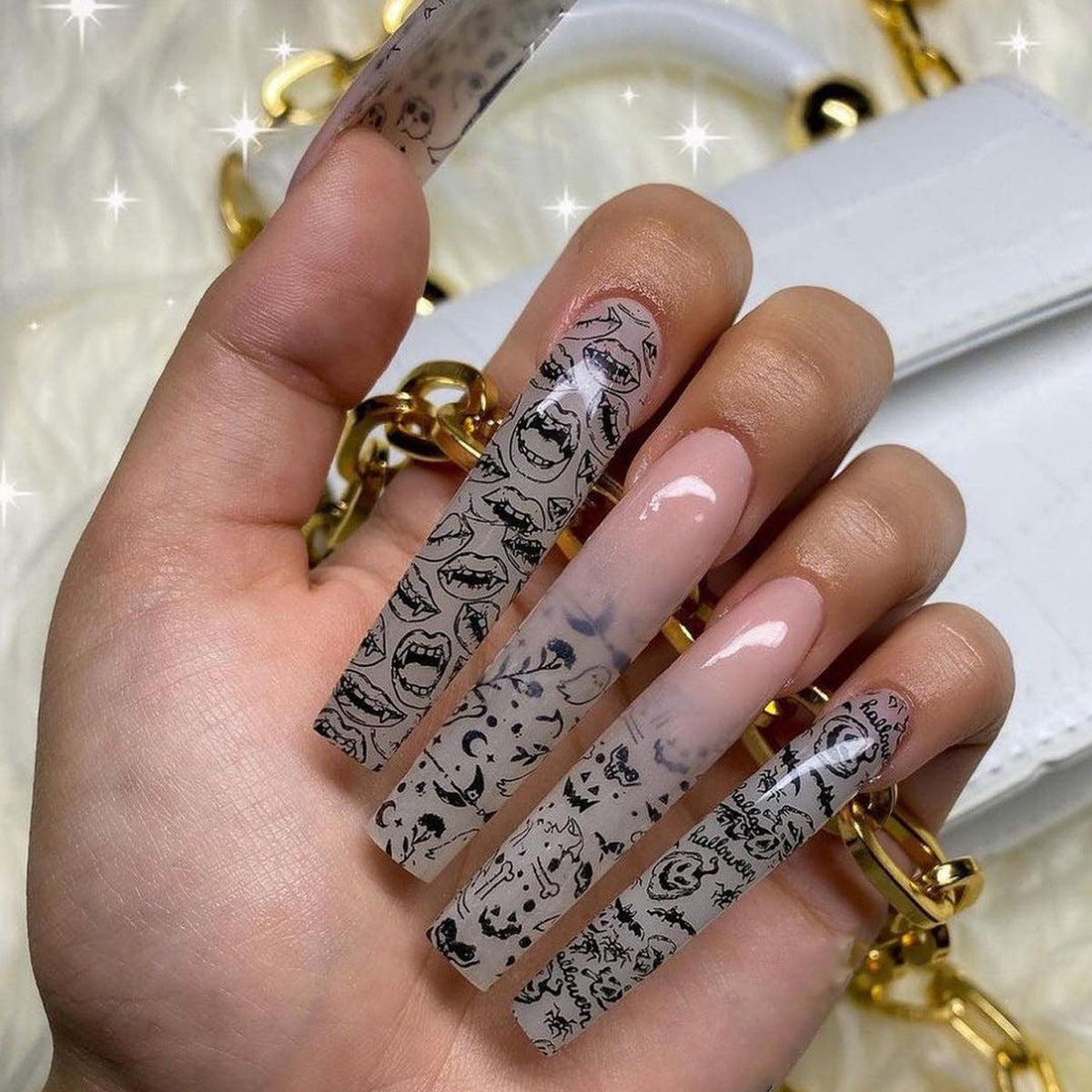 Spooky Night Long Coffin Clear and Black Halloween Design Press On Nails