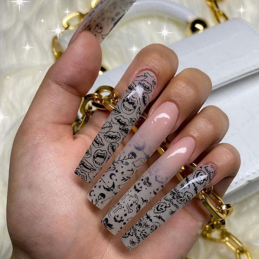 Spooky Night Long Coffin Clear and Black Halloween Design Press On Nails