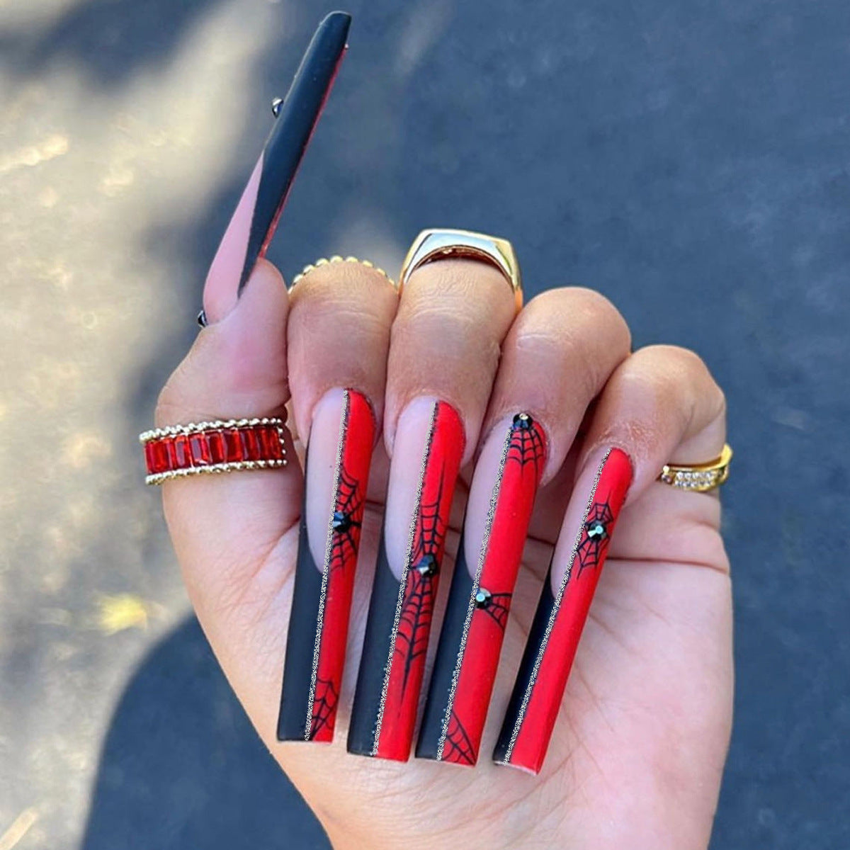 Spooky Spider Web Long Square Red and Black Press On Nail Set with Gemstone Accents