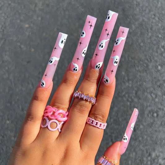 Hauntingly Cute Long Square Pink Ghost Press On Nail Set with Unique Sparkle Design