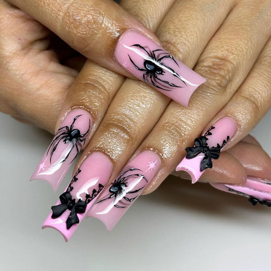 Spooky Elegance Long Square Glossy Pink Press On Nail Set with Black Spider and Bow Design