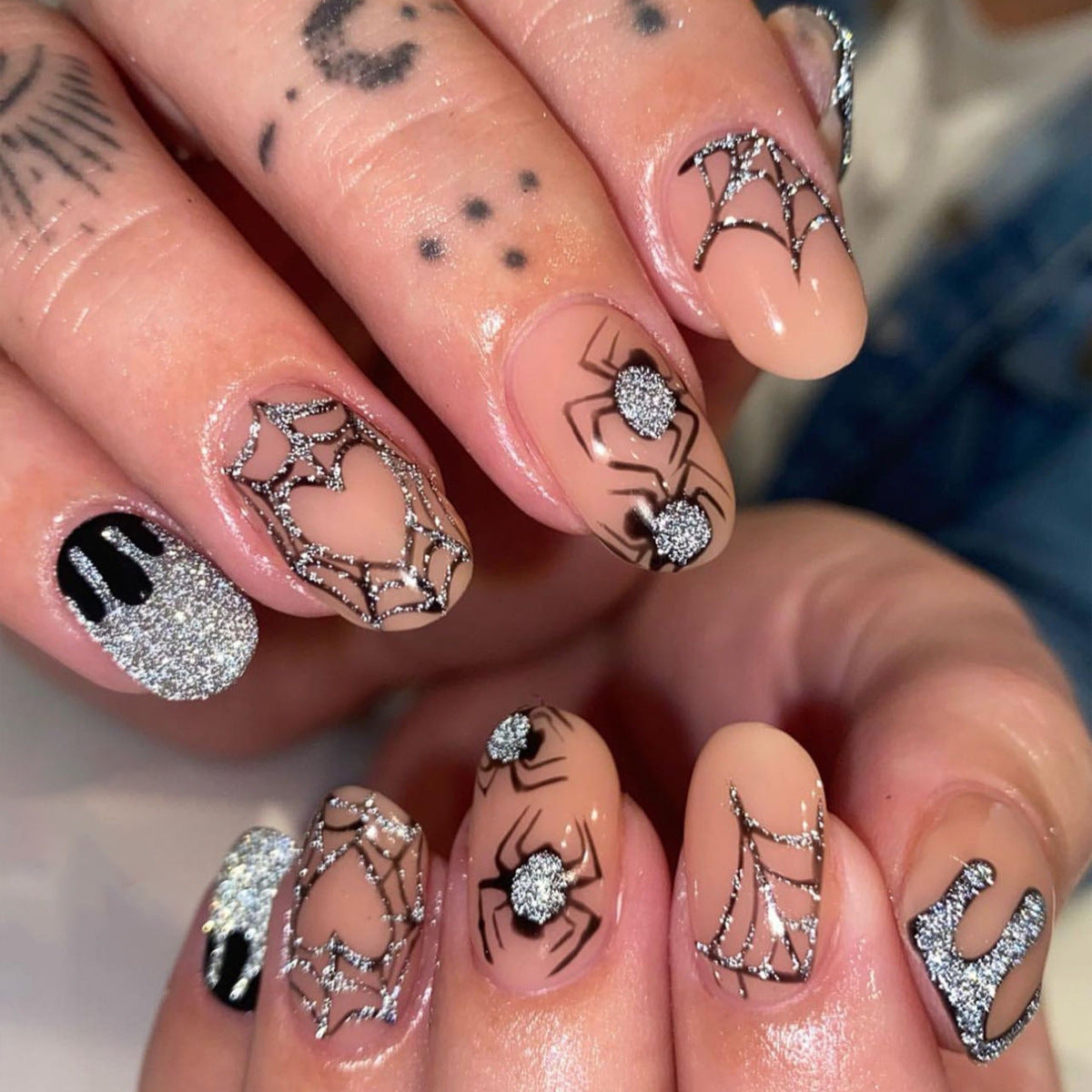 Spooky Elegance Long Oval Beige Glitter Press On Nail Set with Spiderweb Design and Rhinestones