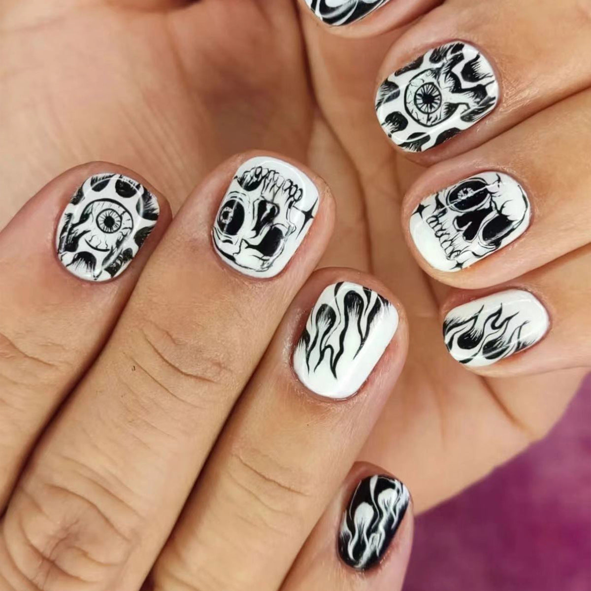 Gothic Noir Short Round Black and White Eye and Flame Design Press On Nail Set