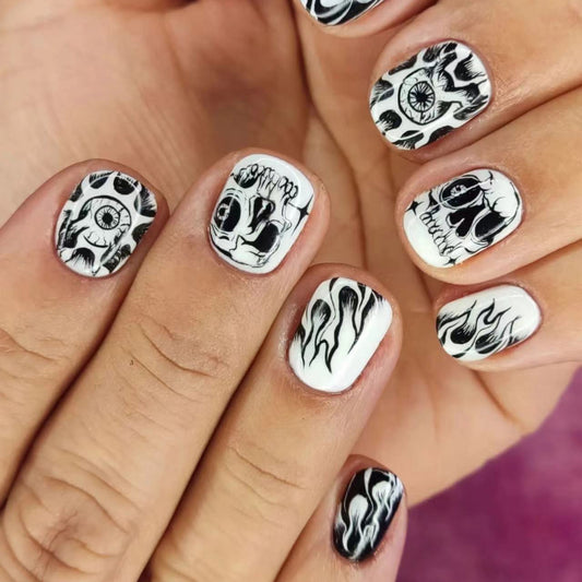 Gothic Noir Short Round Black and White Eye and Flame Design Press On Nail Set
