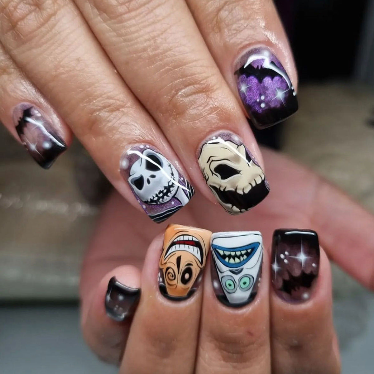Halloween Fantasy Long Square Black And Purple Press On Nail Set Featuring Spooky Character Designs