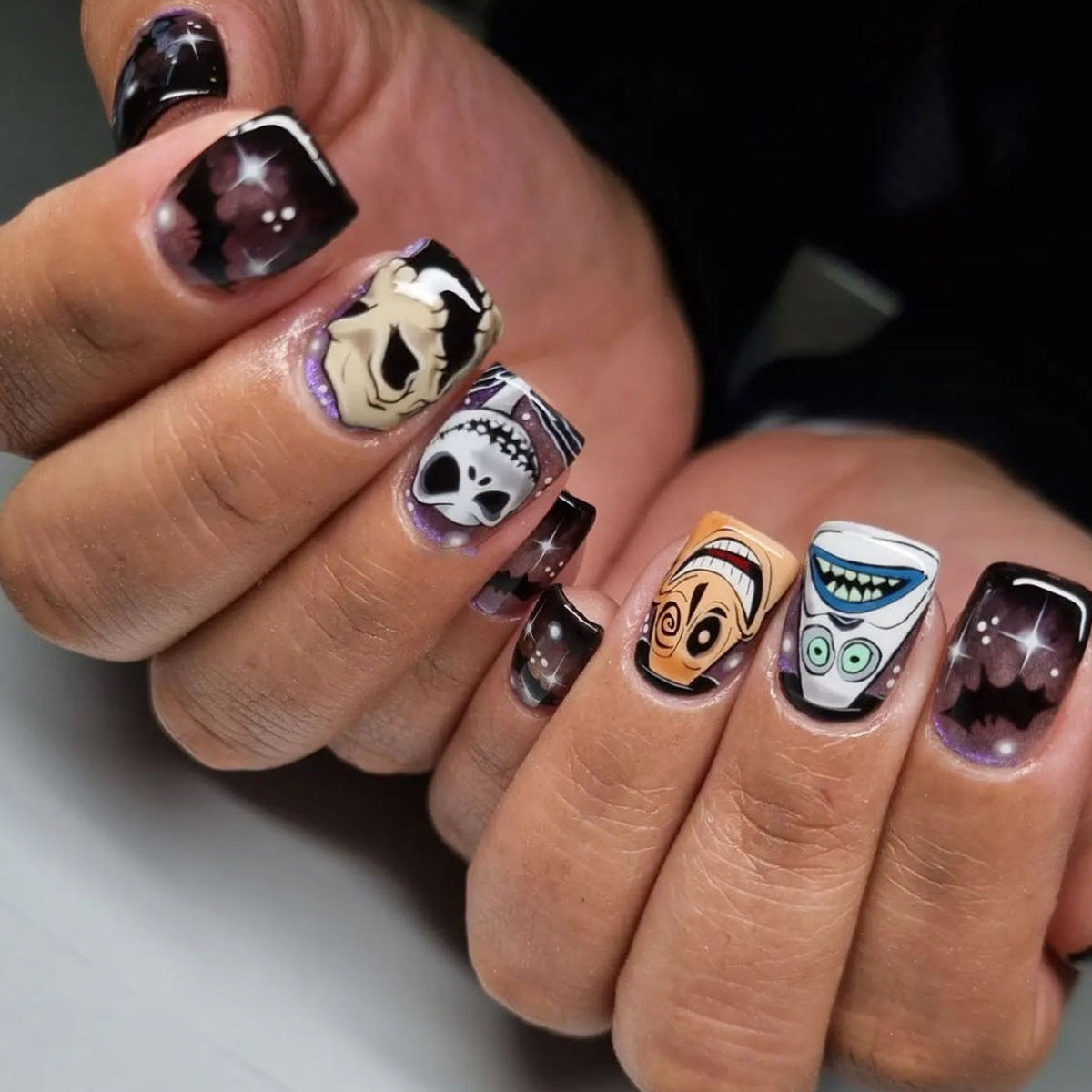 Haunted Night Square Press On Nail Set Long Black Colorful Character Designs