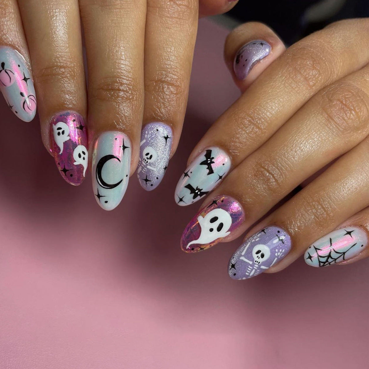 Spooky Halloween Long Almond Shaped Pastel Gradient Ghost and Skull Press On Nail Set