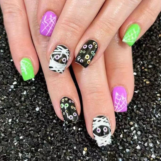 Spooktacular Medium Square Green and Purple Press On Nails with Halloween Mummy and Spiderweb Designs