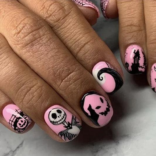 Spooky Halloween Art Short Square Pink Press On Nail Set With Unique Character Designs