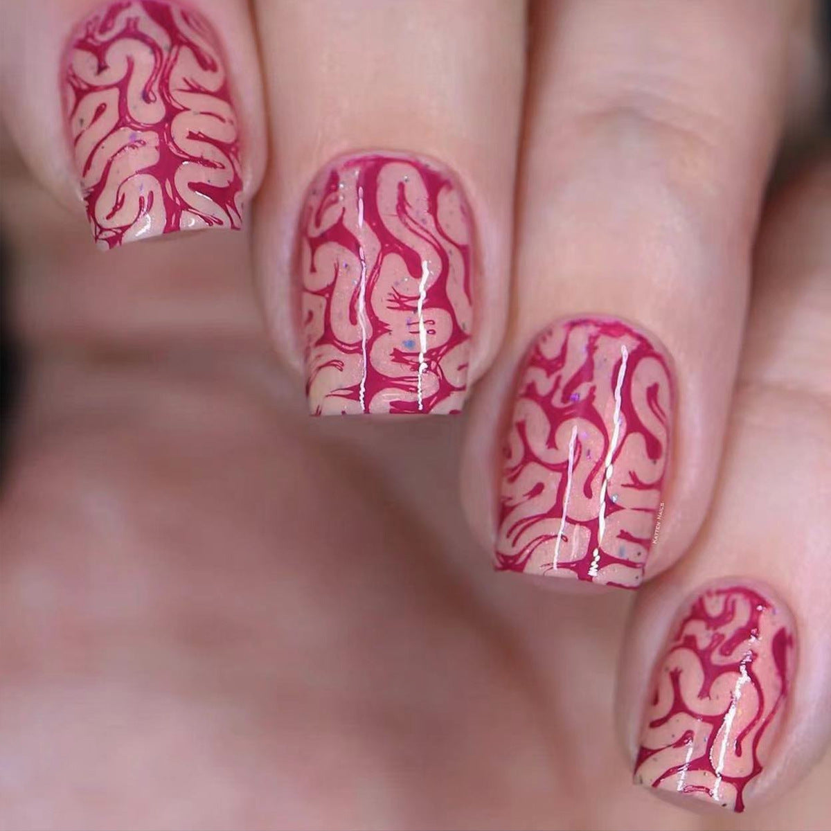Edgy Abstract Medium Square Shape Beige Pink Press On Nails with Red Brainwave Pattern Accents