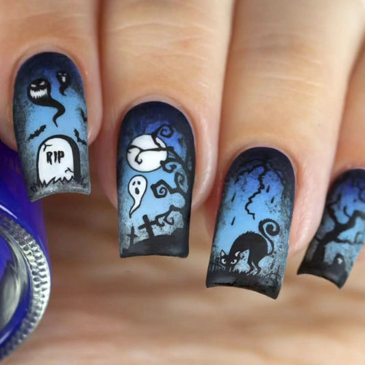 Spooky Haunted Night Long Square Blue Black Press On Nail Set with Ghosts and Cats Design