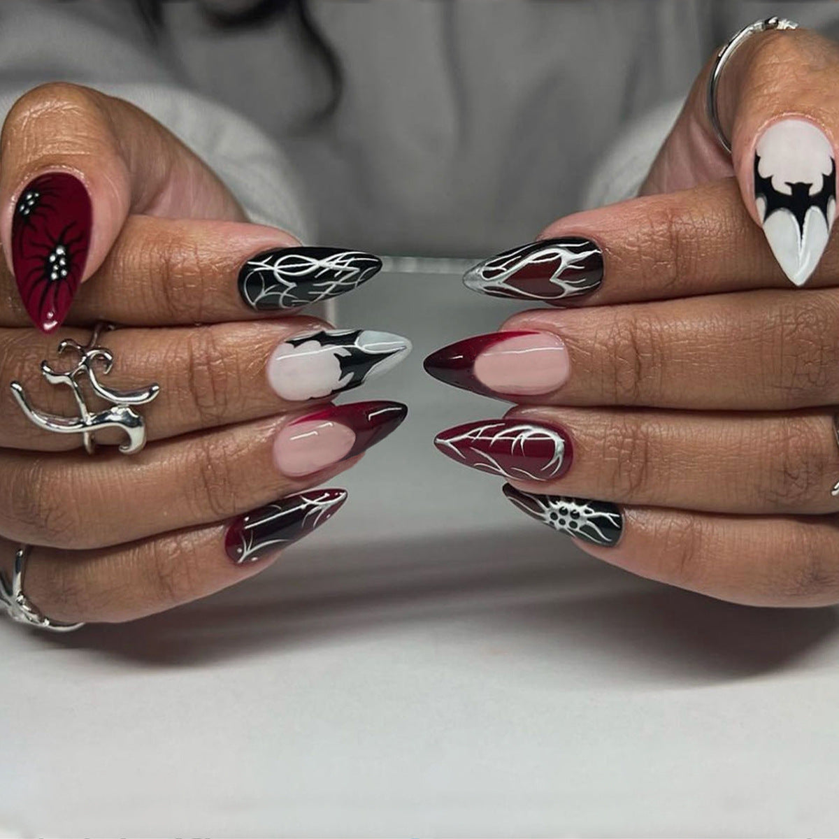 Spooky Elegance Long Stiletto Press On Nails Burgundy Black and White with Intricate Spider Web Designs