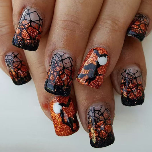 Spooky Glamour Medium Square Orange and Black Sparkling Spiderweb Press On Nail Set