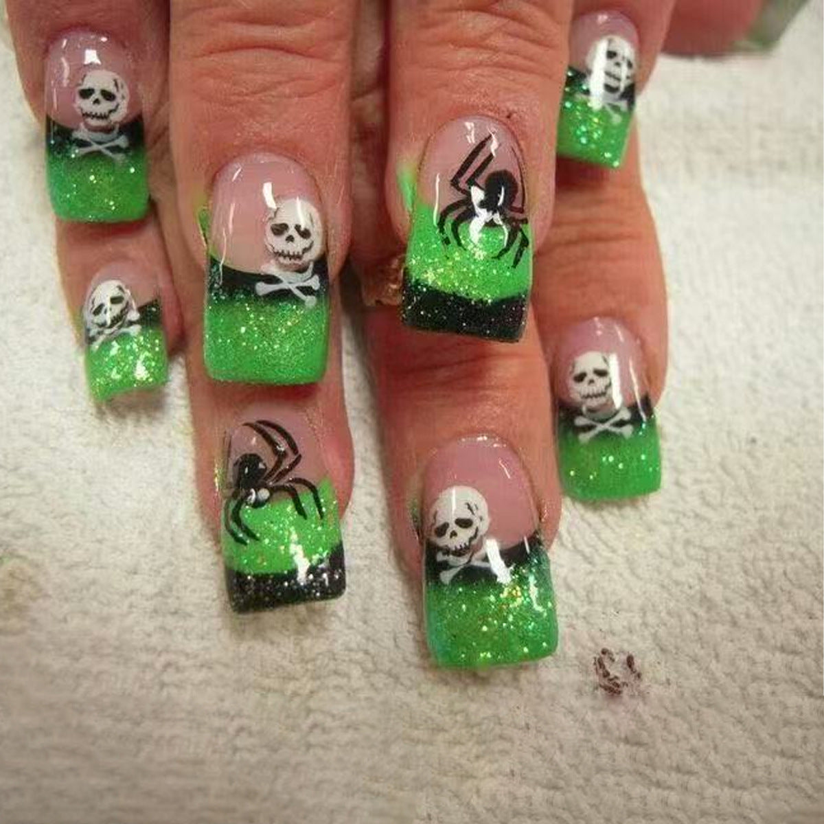 Spooky Glamour Long Square Green Ombre Press On Nail Set with Skull and Spider Art