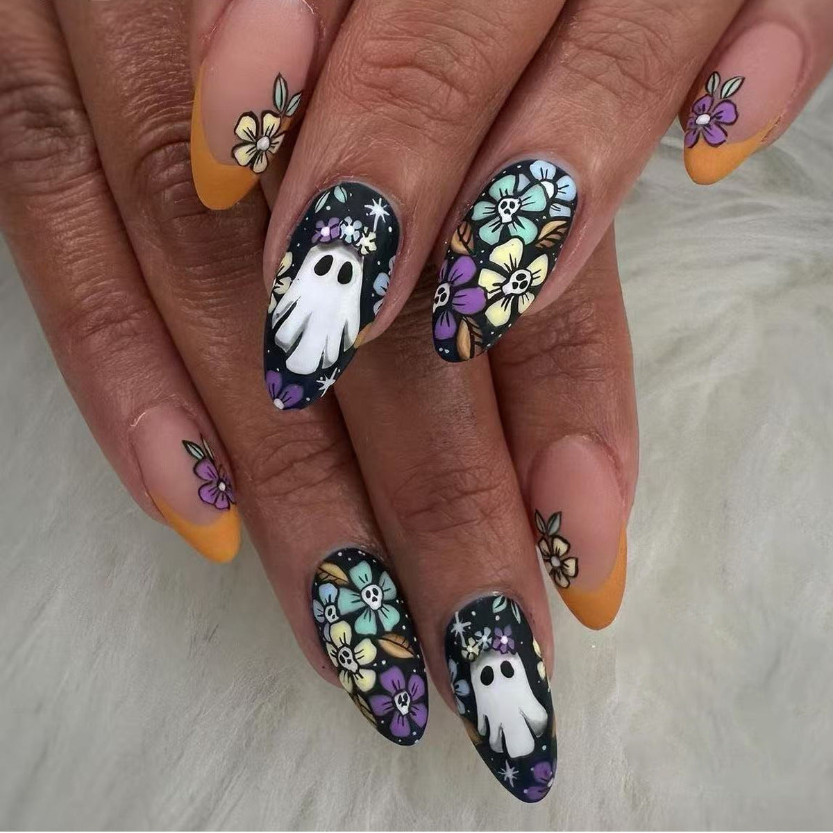 Spooky Floral Elegance Medium Almond Black and Orange with Ghost and Floral Design Press On Nail Set