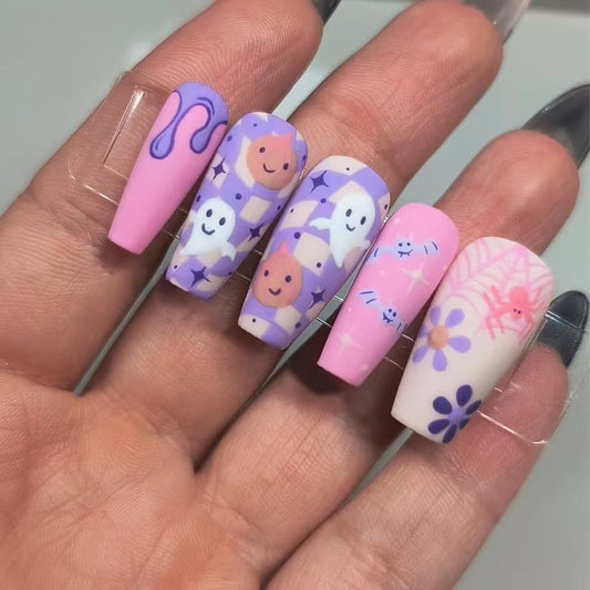 Whimsical Garden Long Coffin Pink and Purple Character Print Nail Set