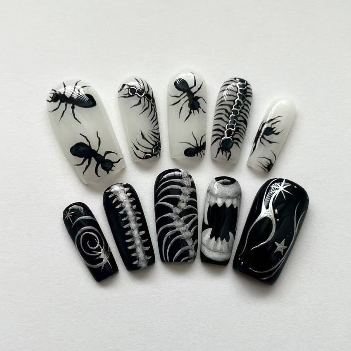 Spooky Charm Long Square Press-On Nail Set Featuring Black and White Illustrated Creepy Crawlies