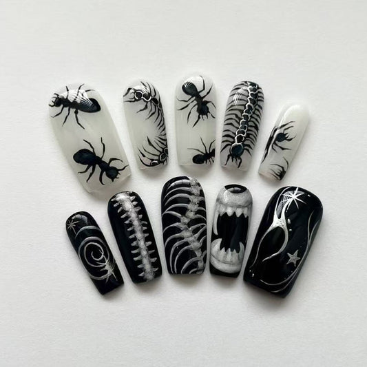 Spooky Charm Long Square Press-On Nail Set Featuring Black and White Illustrated Creepy Crawlies