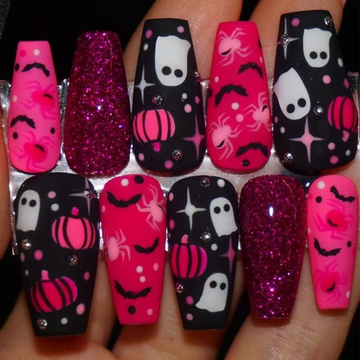 Spooky Delight Long Coffin Pink Black with Glittering Spider and Ghost Design Press On Nail Set