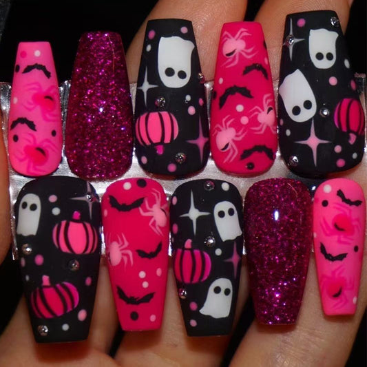 Spooky Delight Long Coffin Pink Black with Glittering Spider and Ghost Design Press On Nail Set