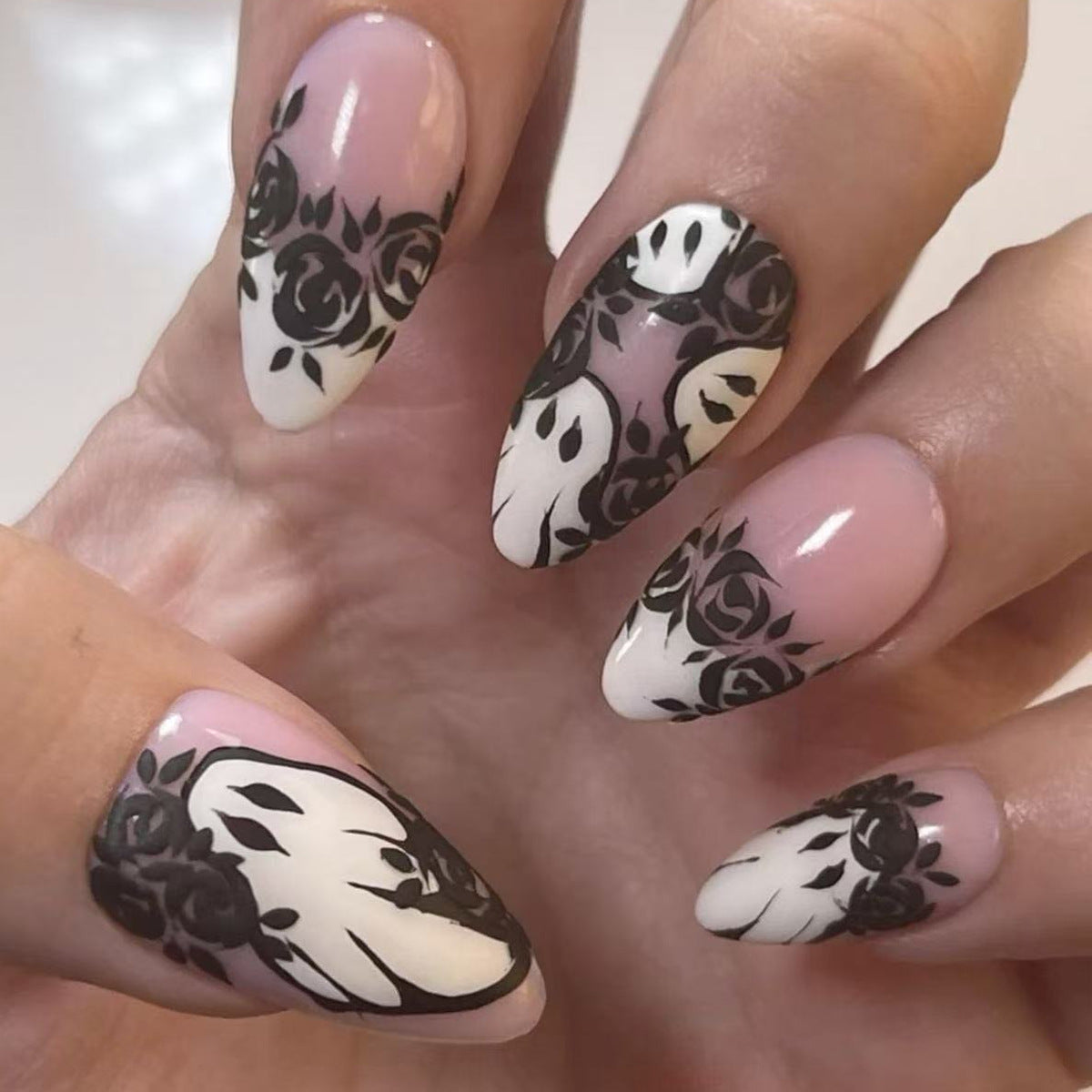Elegant Floral Fantasy Long Almond Black and White Press On Nail Set with Intricate Rose Design