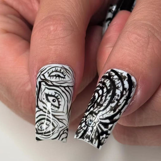 Mystical Vision Lengthy Long Square Black and White Eye Pattern Press On Nail Set