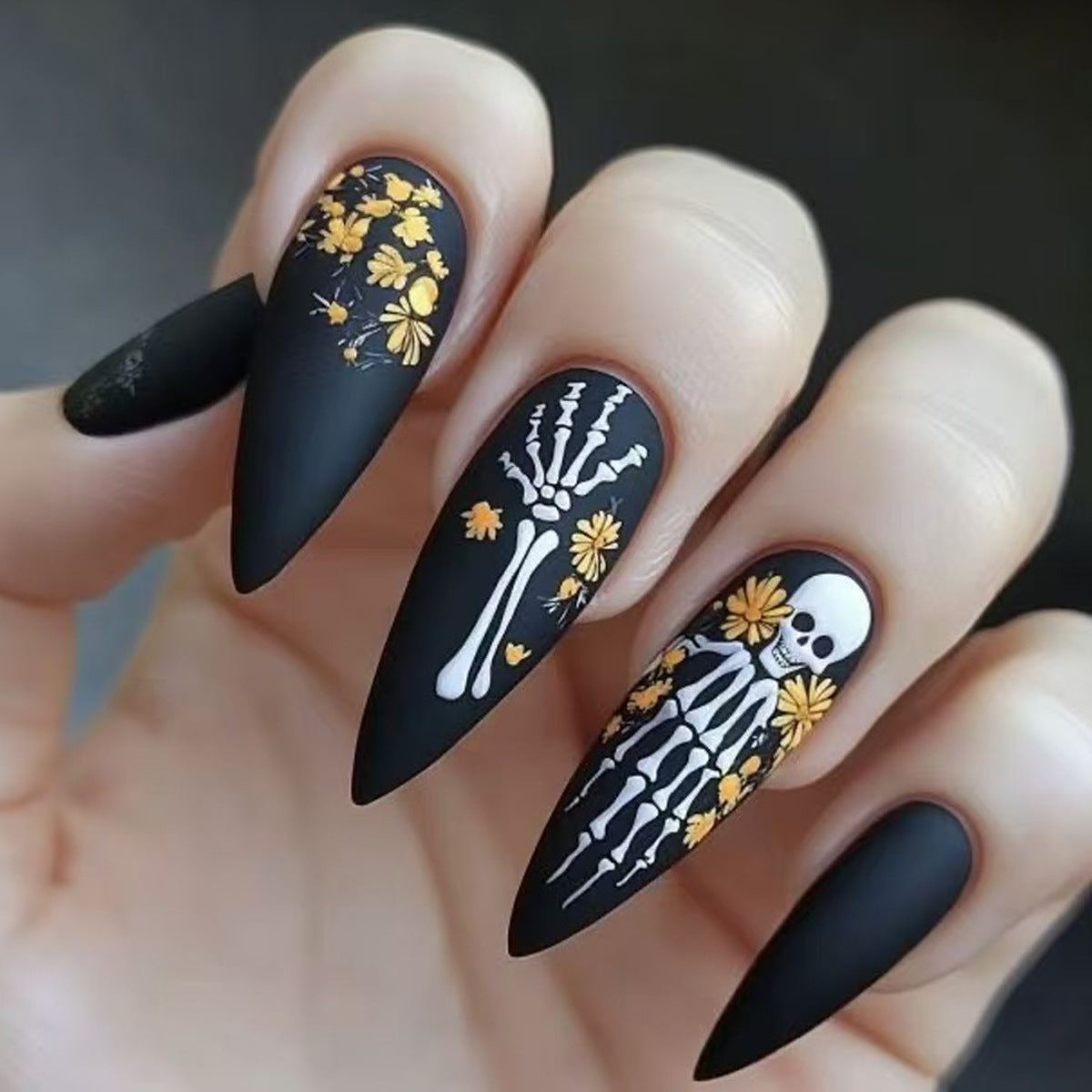 Spooky Floral Elegance Long Stiletto Matte Black Press On Nail Set with Skeleton and Flower Design