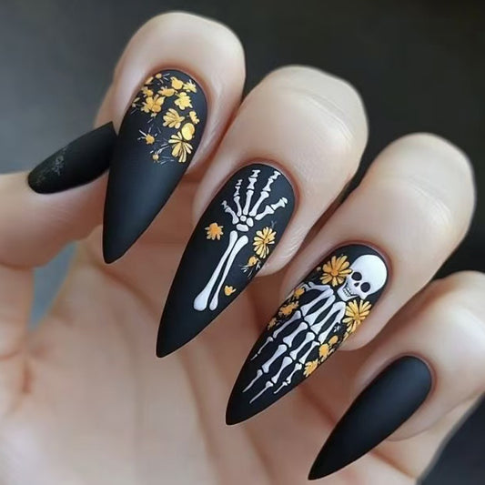 Spooky Floral Elegance Long Stiletto Matte Black Press On Nail Set with Skeleton and Flower Design