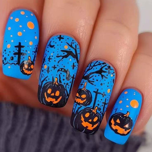 Spooky Autumn Vibes Medium Square Blue Nails Featuring Playful Halloween Pumpkin Designs