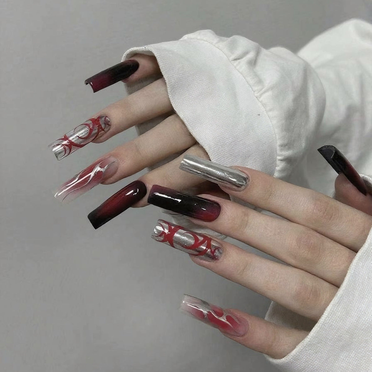 Mystical Elegance Long Square Gradient Ombré Red and Silver Press On Nail Set with Intricate Swirl Design