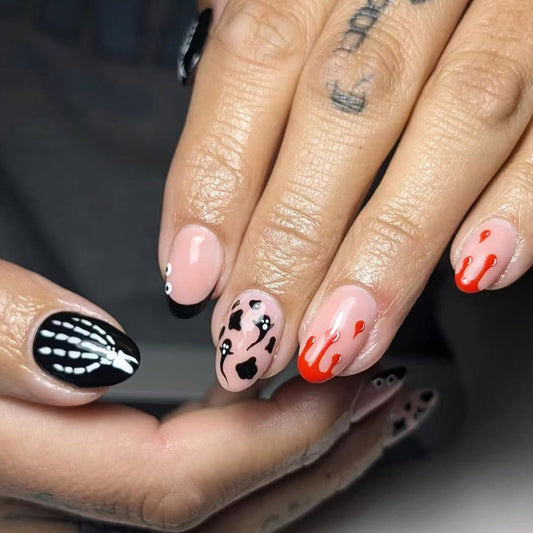 Spooky Chic Short Round Black and Pink Color with Dripping Detail Press On Nail Set
